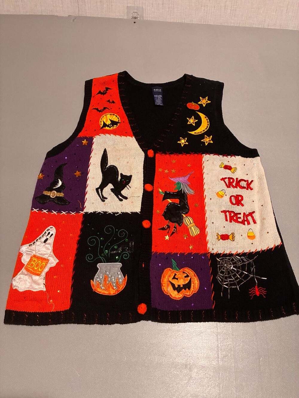 Basic Editions Halloween Sweater Vest Extra Large Black Patchwork Applique